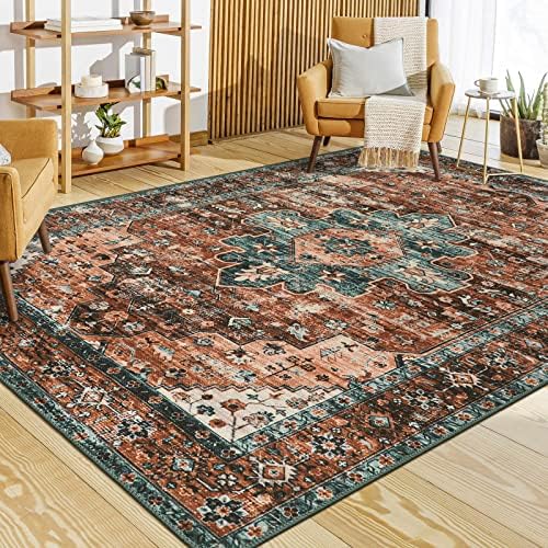 Moynesa Ultra-Thin Washable 10x14 Area Rugs for Living Room, Boho Large Living Room Rug Non Slip,Vintage Oriental Indoor Floor Carpet for Dining Room Table Dorm Home Office Decor, Brick Red by Moynesa