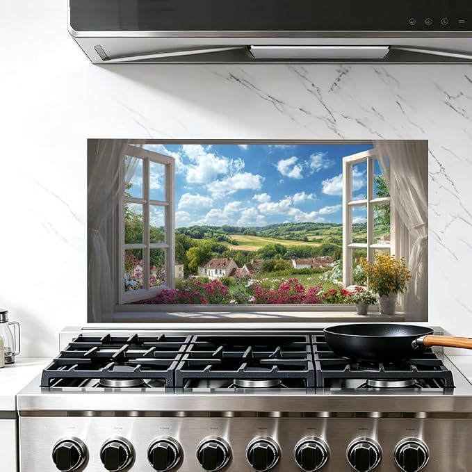Countryside Village Kitchen Backsplash Peel and Stick, 30x16 in | French window view of flower meadow, rolling hills and village; flat 2D waterproof peel and stick; wipe clean; 30x16 in by JOYHAUE