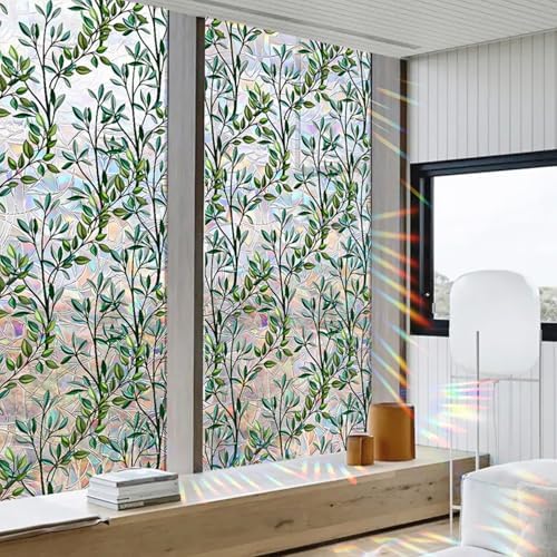Retro Flowers Window Privacy Film, Magnolia Stained Glass Decorative Window Film for Glass, Rainbow Stained Window Cling Sticker Floral Removable Static Cling for Window (1, Green Leaves, 17x157.5in) by Unknown