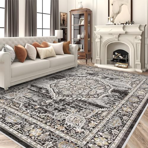Washable Rugs 9x12 Area Rug：Large Rugs for Living Room - Oriential Distressed Printed Floral Carpet - Non Slip with Rubber Backing Area Rug 9'x12' Black by YOUFORTONG