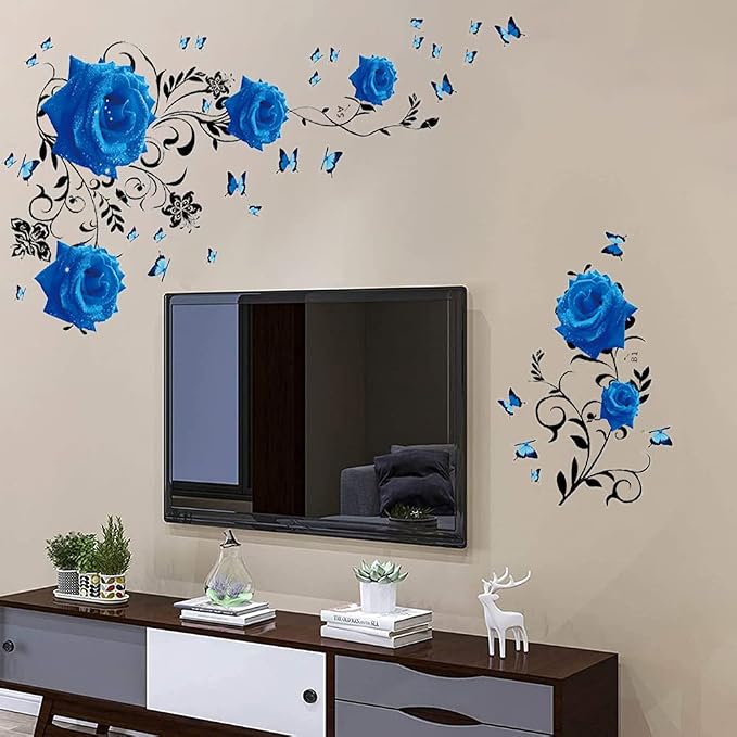 Supzone Blue Rose Wall Stickers Rose Flower Vine Wall Decal Purple Peony Floral Wall Decor DIY Vinyl Mural Art for Bedroom Living Room Sofa Backdrop - Image 4