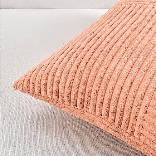 Fancy Homi 2 Packs Peach Samll Decorative Throw Pillow Covers 12x12 Inch with for Couch Bed Sofa, Rustic Farmhouse Boho Home Decor, Soft Corss Patchwork Corduroy Cute Square Cushion Case 30x30 cm - Image 5