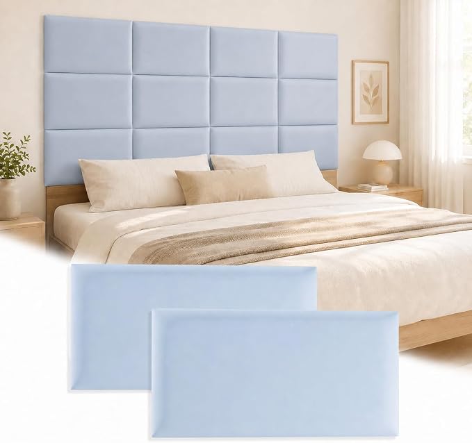 Anti Collision Wall Padding for Kids, Upholstered 3D Wall Panels | 4 Packs 7.8'' x 15.7'' Peel and Stick Headboard, Self Adhesive Wall Pads for Kids, Bedroom, Living Room, Blue (Smog) by Umedol