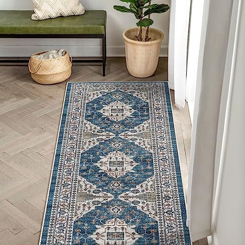 2x5 Washable Hallway Runner Rug: Indoor Farmhouse Entryway Kitchen Rugs Oriental Thin Non-Slip Water Resisitant Carpet for Bathroom Laudry Ultra Soft Floor Mat for Living Room Bedroom(2X5,Blue) - Image 2