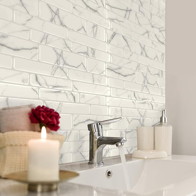 Art3d Stone Peel and Stick Backsplash, 10-Sheet, 12" x 12", White Marble | Lightweight, Self Adhesive, Moisture Resistant, Easy to DIY, Modern Style, for Kitchen, Bedroom, Ideal for New Home Buyers - Image 3