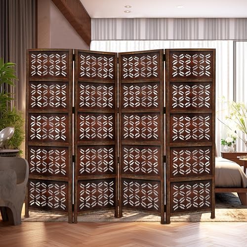 COTTON CRAFT Room Divider Wood Screen - Hand Carved Folding 4 Panels 72x80 - Image 2