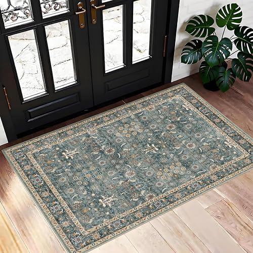 Washable 2x3 Entryway Rug, Vintage Low Pile Non Slip Rug by Winslssol