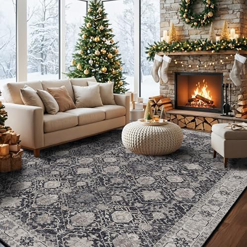 Washable Large 9x12 Area Rug: Indoor Oriental Living Room Carpet with Non Slip Backing Ultra Soft Low Pile Rugs for Bedroom Dining Room Distressed Stain Resistant Thin Floor Mat (9x12 Black) by HYHAOYUNLAI
