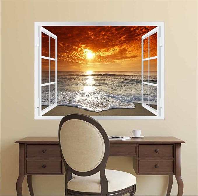 Self-Adhesive Wall Sticker Romantic Living Room Bedroom Study Office Decorative Wall Sticker Ocean Scenery Fake Window Sticker Mural (36"×48", Sunset Beach) - Image 4