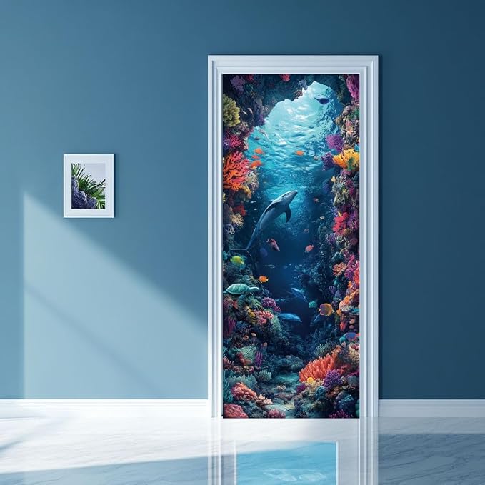 arricraft 2 Pcs Self-Adhesive Door Sticker, 31.5"x78.7" Sea Creature Door Murals Stickers Dolphins PVC Door Removable Wallpaper Decoration for Bedrooms ​Living Room by ARRICRAFT