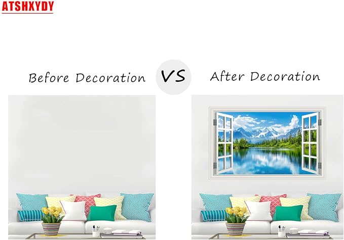 Fake Window Wall Mural Sticker Mountain Lake Forest Tree Faux Window Wall Cling Art Picture Poster Decals Decor, Stick and Peel Landscape Natural Scenery Scene（48"x32",Set of 2 Sheets） - Image 4