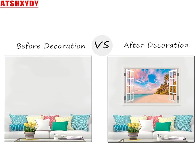 Fake Window Wall Decal - Summer Beach Seascape Ocean Scene Art Sticker | ｜Faux Window Natural Scenery Landscape Mural ｜ Stick and Peel Wall Decals｜for Room Bedroom Office Scene Picture Decor｜24"x16" - Image 3