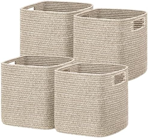 UBBCARE Storage Cubes 11 Inch, Cotton Rope Woven Baskets for Organizing, Cube Storage Bin for Baby Nursery, 4-Pack Square Storage Baskets for Shleves Organizer, Closet, Kidsroom, All Browm by UBBCARE