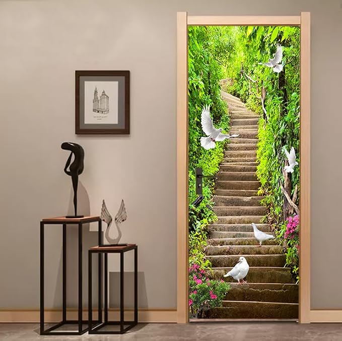 artfanke 3D Peel and Stick Door Sticker 33.5"x84.6"- Self-Adhesive Door Wallpaper Murals Decal-Green Forest Doves Wall Poster for Bedroom Home Decor (2 Sheets/Set) - Image 4