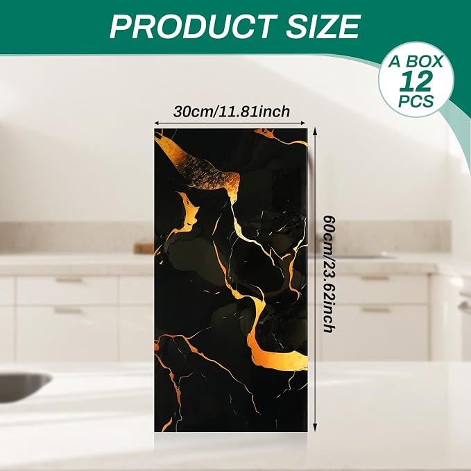 12pcs Black and Gold Peel and Stick Tiles, PVC Wall Panels for Backsplash | 23.6"x11.8", Waterproof, Renter-friendly Wall Tile for Kitchen, Bathroom, Shower, Laundry Room (Not Real Tile, Not for Floor) - Image 2