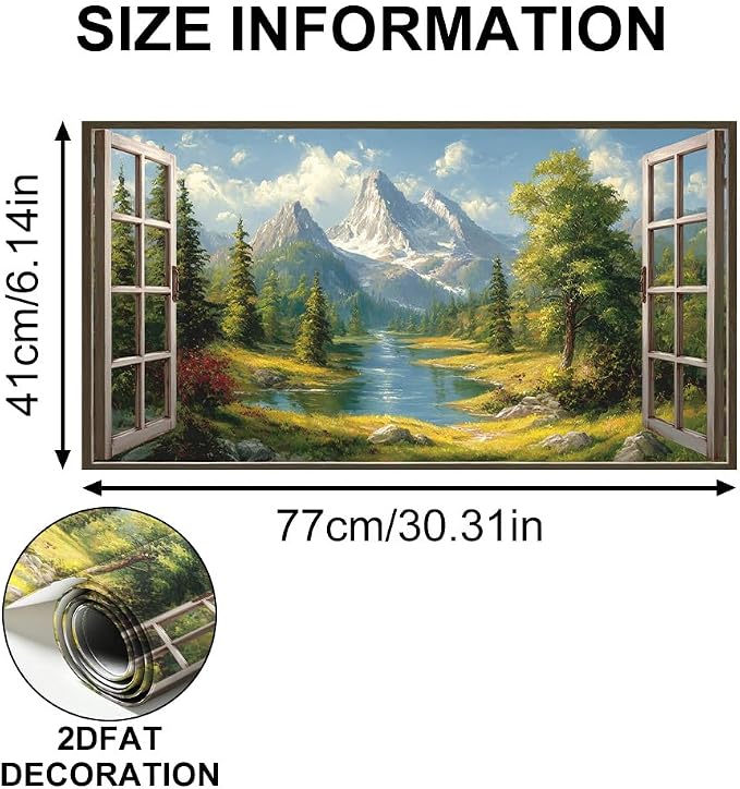 Alpine Mountain View Kitchen Backsplash Peel and Stick, 30x16 in | Oil-painting window view of snow peaks, alpine river and pine forest; flat 2D waterproof peel and stick; wipe clean; 30x16 in - Image 6