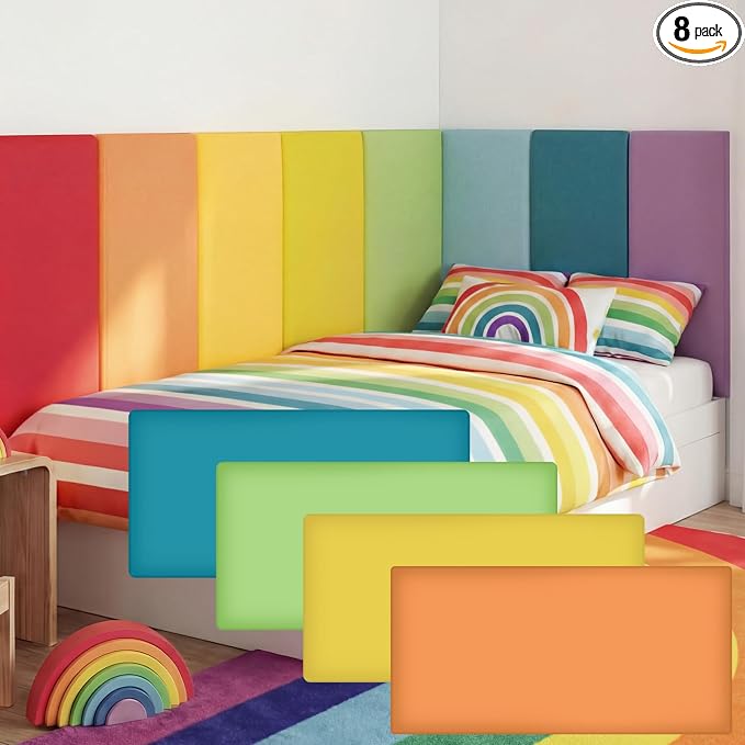 Hahafelt Wall Padding for Playroom Peel and Stick Headboard 3D Anti Collision Upholstered Wall Panels Self Adhesive Headboard(23.62 "× 11.81""× 1.18",Rainbow Colors,8 Pack) by Hahafelt