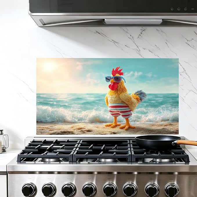 Funny Rooster Beach Kitchen Backsplash Peel and Stick, 30x16 in | Cartoon rooster in sunglasses and swim trunks on a sunny beach; flat 2D waterproof peel and stick; wipe clean; 30x16 in by JOYHAUE