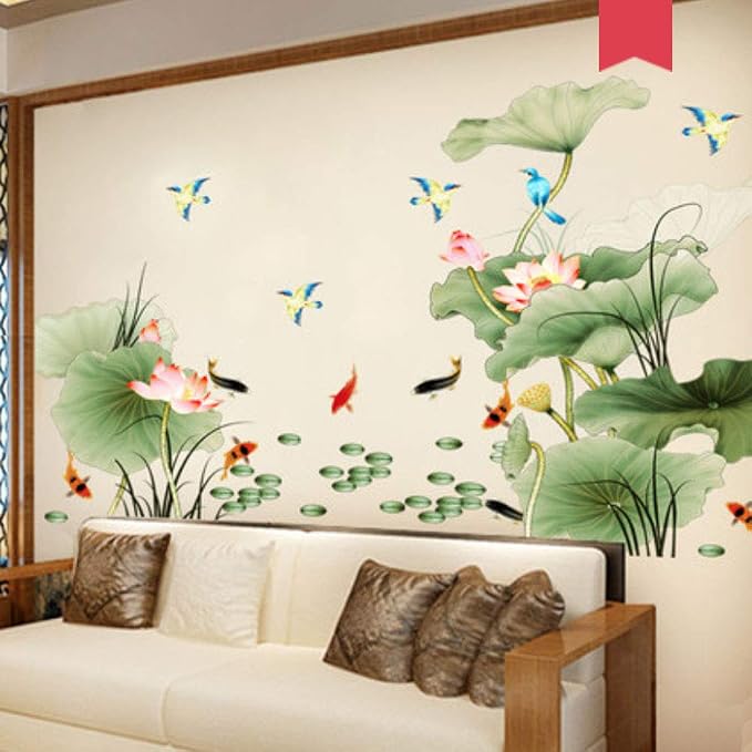 Lotus Flower Bird Fish Wall Decor Decal Sticker,Living Room PVC Mural Decorative Craft Wall Art Decoration Painting Large Removable Chinese Style - Image 6