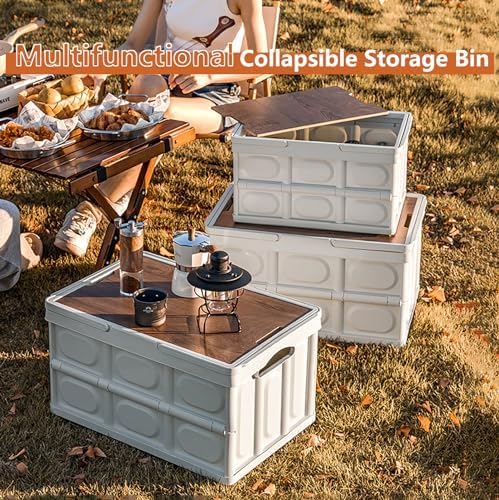 VPTMRP Collapsible Storage Bin with Handles and Wooden Lid, Large Capacity Stackable Utility Crates Holds 33lbs for Outdoor Home Storage Organizing Moving (55L/14.5Gal) - Image 2