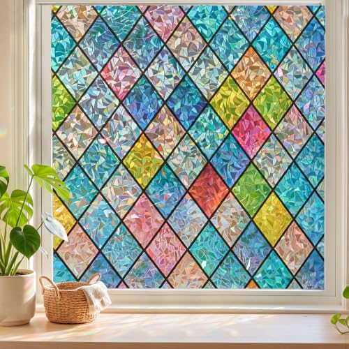 Sunbaby Stained Glass Winodw Film, Rainbow Lattice Stickers, 17.5"x78.7" by SUNBABY