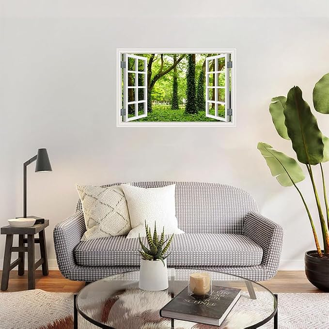 ‌Lmyhome Fake Window Wall Mural Green Grass Forest (16"x24") | Peel and Stick Faux Window Wall Sticker Decal Poster for Bedroom Home Decor - Image 2