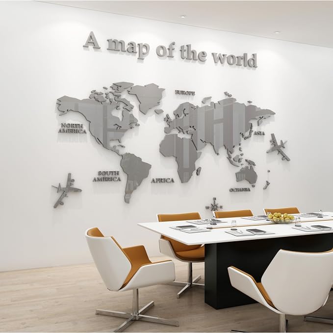 WINDIR 3D World Map Wall Stickers Decor Murals DIY Decal Gray 47x24 inch, Acrylic Office Wall Art Decor Bedroom Living Room TV Wall (Gray: 120x60 cm) Medium by WINDIR