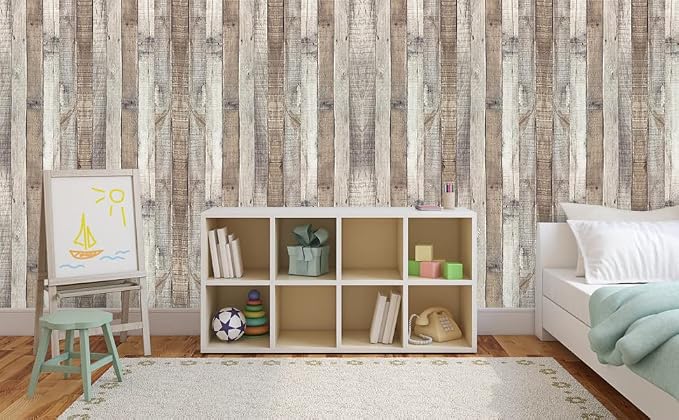Wood Wallpaper Peel and Stick Faux Distressed Plank Self Adhesive Reclaimed Look Wall Decorative Vinyl Film Shelf Cover Thicker,17.3" × 472.4" - Image 4