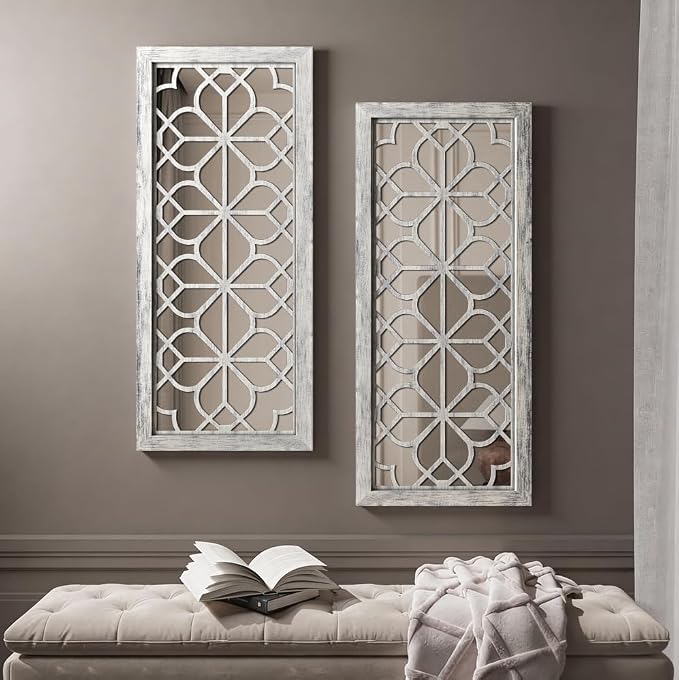 Set of 2 13x30 Inch Large Grey Shatterproof Carved Floral Wood Frame Wall Mirrors, Boho Farmhouse Rustic Accent Mirrors for Living Room Bedroom Bathroom & Home Decor by HMANGE