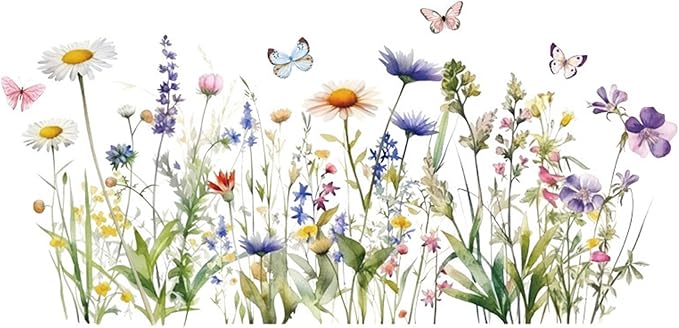 Wildflower Grass Daisy Wall Decals, Garden Floral Butterflies Flower Wall Stickers, BWCXXZH Self-Adhesive Wall Art Stickers for Girls Bedroom Living Room Nursery Decor by BWCXXZH