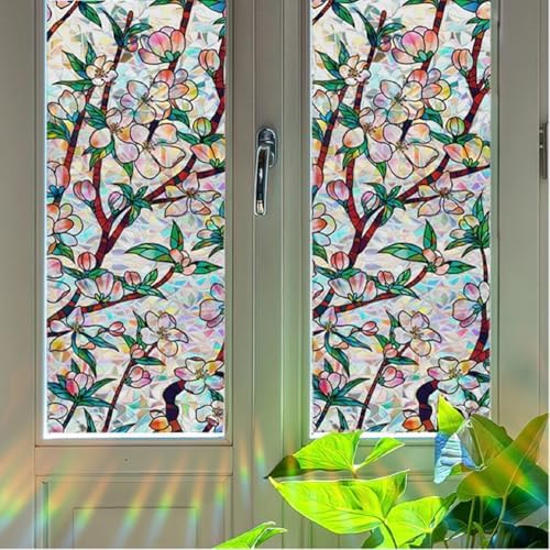 Retro Flowers Window Privacy Film, Magnolia Stained Glass Decorative Window Film for Glass, Rainbow Stained Window Cling Sticker Floral Removable Static Cling for Window (1, Peach Flower, 17x118.1in) - Image 6