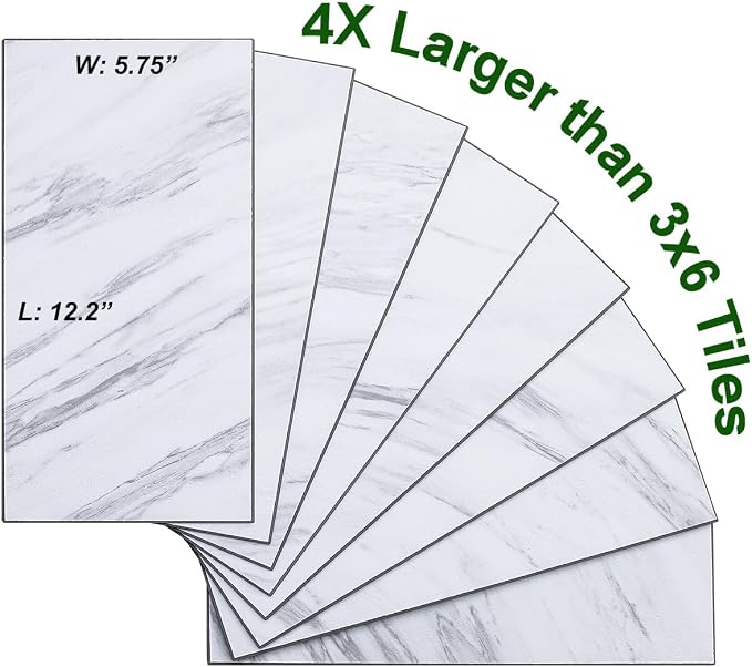 AULIGET 6" x 12" White Marble Peel and Stick Backsplash Wall Tiles, PVC Faux Stone Stick on Tiles for Backsplash Kitchen, Bathroom, Laundry Room, Camper, Fireplace (Pack of 20) - Image 2