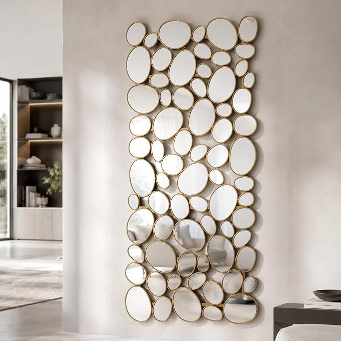 Gold Mosaic Wall Mirror, 27.55" x 55" Large Pebble Geometric Decorative Mirror with 71 Irregular Mirror Pieces, Modern Accent Wall Decor for Living Room, Entryway, Bedroom, Hallway by NXHOME