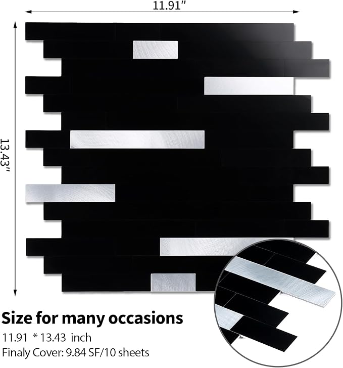 Yipscazo 10 Sheets Peel and Stick Stone Metal Tile Backsplash, Stick on Tiles for Backsplash Kitchen, Bathroom, Laundry Room, Camper, Fireplace (12'' X 12'', Polished Pure Black) - Image 6