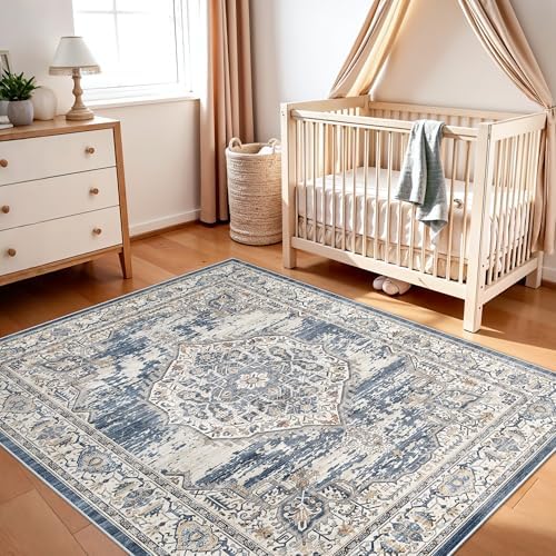 Washable Area Rugs 5x6 Entryway: Soft Ultra Thin Low Pile Mat Machine Washable Indoor Doormat Lightweight Entry Rug Anti Slip Backing Rugs for Living Room Bedroom Kitchen 5'x6' Blue - Image 4