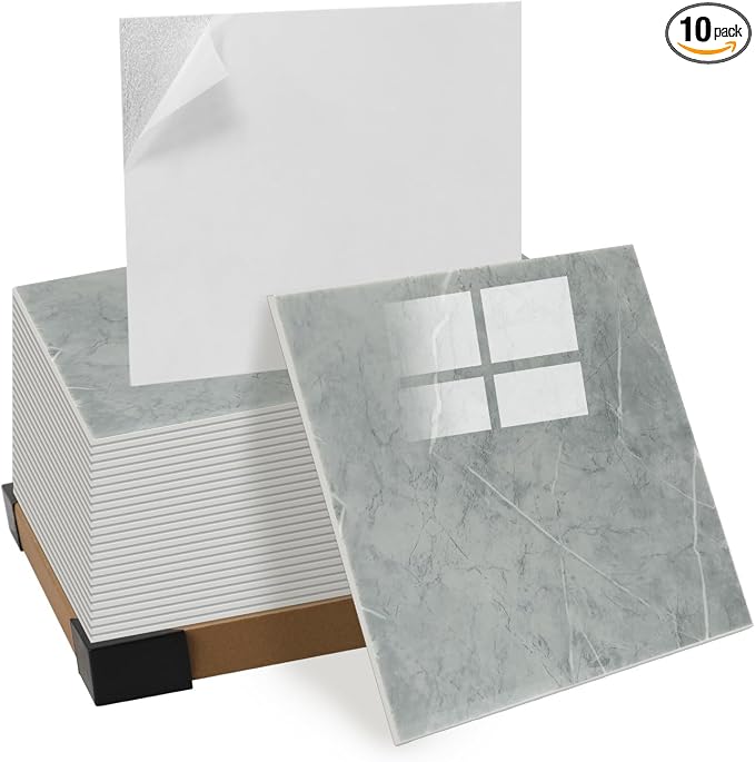 10pcs Peel and Stick Shower Tile Waterproof Marble Tiles Wall Panels | 11.8"X11.8" Grey Self-Adhesive Backsplash for Home Bathroom Kitchen Showers (Not Real Tile) by GRITHOME