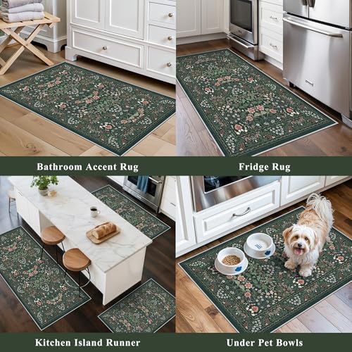 3 Piece Kitchen Rug Set, Washable Non-Slip Kitchen Mats for Hardwood Floor, Boho Farmhouse Kitchen Runner Rug for Sink,Entryway & Hallway & Bathroom (Dark Green, 2x3+2x4+2x5) - Image 5