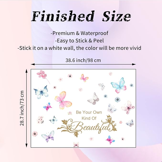Colorful Butterflies Wall Sticker, Simplicity Butterfly English Words Wall Decal, Be Your Own Kind of Inspirational Quotes Wall Décor, DIY Flower Vinyl Art Mural for Girls Bedroom Nursery Living Room - Image 3