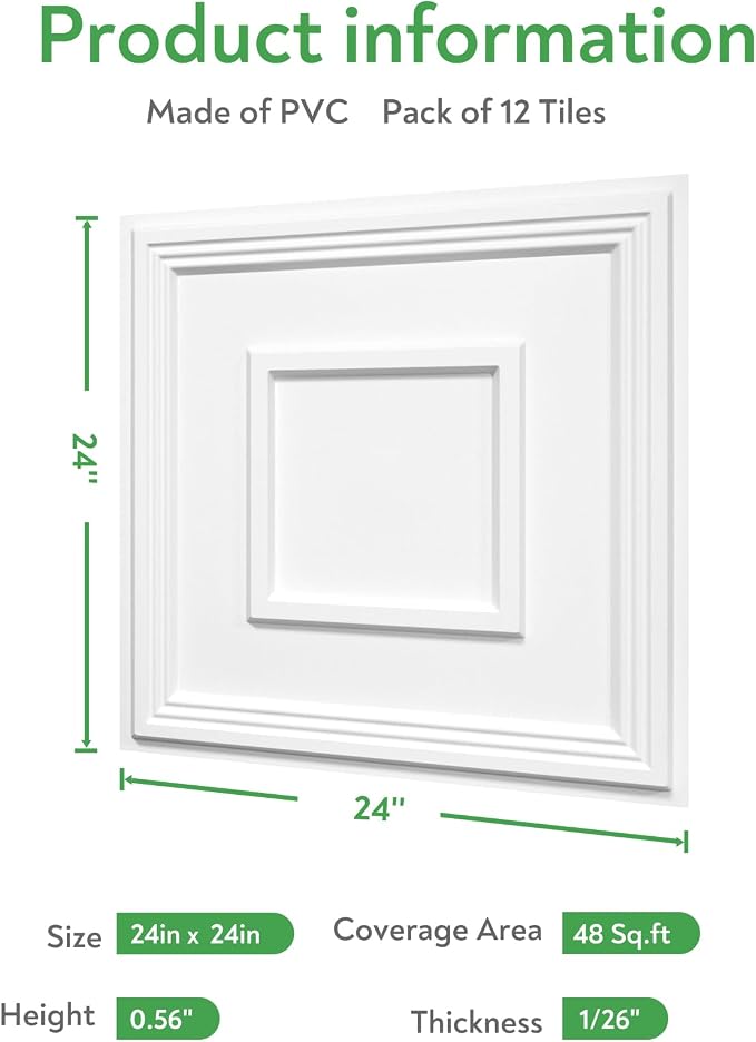 STICKGOO PVC Ceiling Tiles, 2'x2' Glue Up Ceiling Panel White to Prevent Breakage Cover 48 Sq. Ft, Pack of 12 Tiles - Image 3