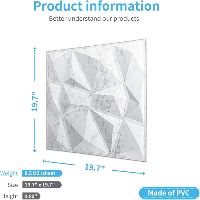 Art3d Textures 3D Wall Panels Glossy White Marble Diamond Design for Interior Wall Decor Pack of 12 Tiles 32 Sq Ft (PVC) - Image 5