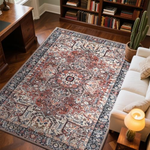 Hanples 4x6 Area Rugs for Living Room, Washable Rug Vintage Floral, Red by Hanples