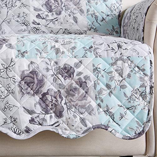 Great Bay Home Reversible Floral Patchwork Chair Furniture Protector - Machine Washable, Scalloped Edge, Stain Resistant, Printed Furniture Cover for Dogs, Kids, and Pets (Gray/Aqua). - Image 2
