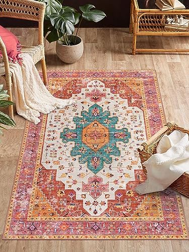 Moynesa Ultra-Thin Washable Vintage Area Rug - 3x5 Boho Girls Bedroom Non-Slip Non-Shedding Oriental Medallion Living Room Mat Indoor Carpet for Office Nursery Room, Pink/Teal/Multi by Moynesa