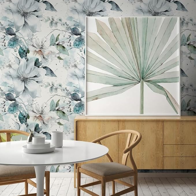 Ice Blue White Large Hyacinth Floral Green Leaf Peel and Stick Wallpaper Wall Decor Self Adhesive Wall Paper Stick on Easy Peel Off Contact for Renter Apartment - Image 6