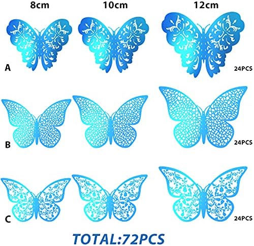Bememo 72 Pcs 3D Butterfly Wall Decals, 3 Sizes,Holographic Blue | Metallic Hollow Design for Bedroom Living Room, Removable Adhesive Wall Decor, Easy Peel Stick Party Decoration Stickers - Image 3