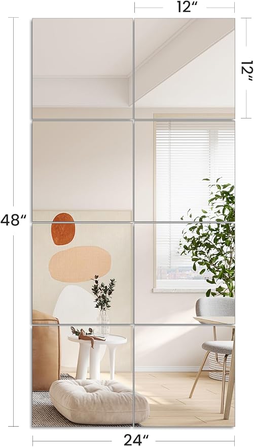 JAMBALAY Home Gym Mirrors for Gym, 8Pcs 12″×12″ Square HD Glass Full Length Wall Mirror Tiles, Self Adhesive Frameless Wall Mirror for Bedroom, Living Room, Over The Door - Image 4