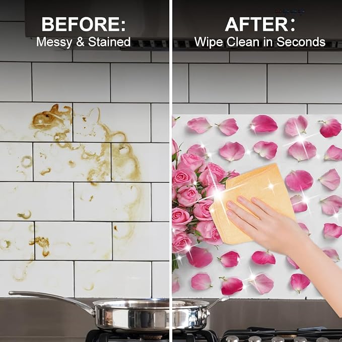 Pink Rose Floral Kitchen Backsplash Peel and Stick, 30x16 in | Pink rose bouquet surrounded by scattered petals on white; flat 2D waterproof peel and stick; wipe clean; 30x16 in - Image 4