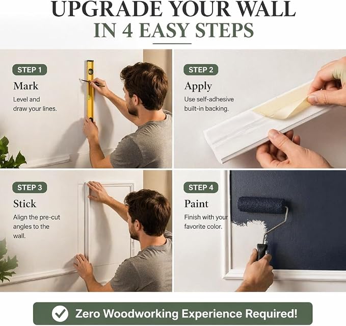 Peel and Stick Wall Molding Kit, 24 x 54in Polystyrene Wainscoting Panels, 3 Sets DIY Self Adhesive Wall Trim for Bedroom Living Room Interior Wall Decor - Image 4