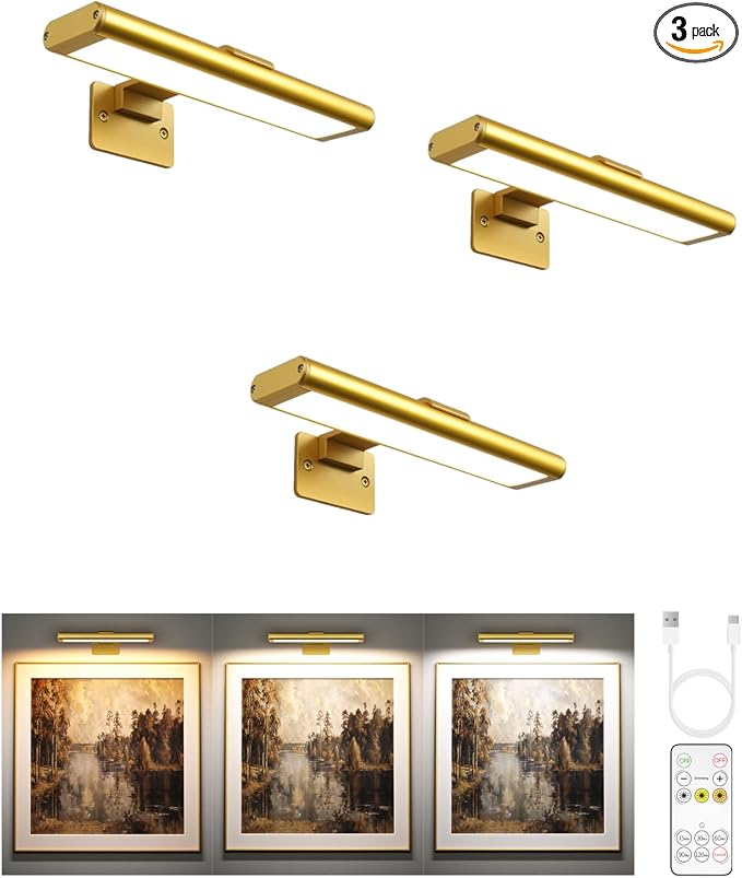 EZVALO Picture Light for Wall, Rechargeable 2400mAh Gold Lights Wireless with IR Remote, 3 Color & Dimmable Magnetic 7.87'' LED Lights Display for Painting, Living Room, Gallery, Bedroom Art(3P) by EZVALO