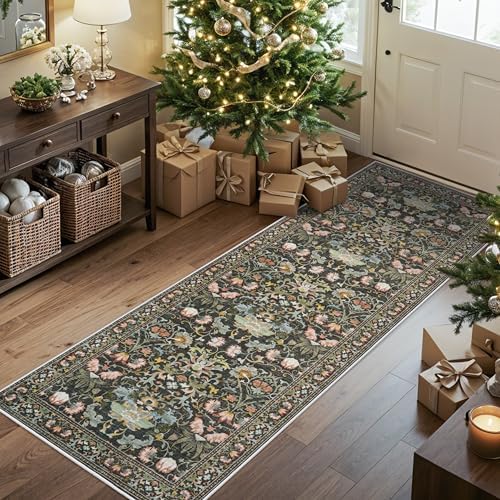 2x6 Washable Hallway Runner Rug: Vintage Floral Kitchen Rugs with Non-Slip Backing Low Pile Water Resistant Carpet for Living Room Bedroom Soft Floor Mat for Bathroom Laudry Dining Room(2x6,Green) - Image 2